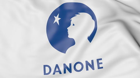 Close-up of waving flag with Danone logo, editorial 3D renderingのeditorial素材