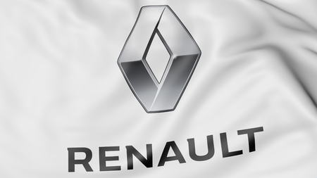 Close-up of waving flag with Groupe Renault logo, editorial 3D renderingのeditorial素材