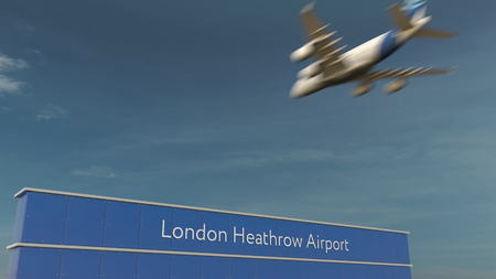 Commercial airplane landing at London Heathrow Airport 3D renderingのeditorial素材