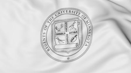Close-up of waving flag with University of Minnesota Twin Cities emblem 3D renderingのeditorial素材