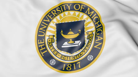 Close-up of waving flag with University of Michigan emblem 3D rendering