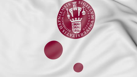 Close-up of waving flag with University of Copenhagen emblem 3D renderingのeditorial素材