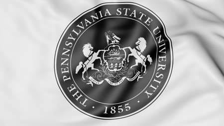 Close-up of waving flag with Penn State University emblem 3D renderingのeditorial素材