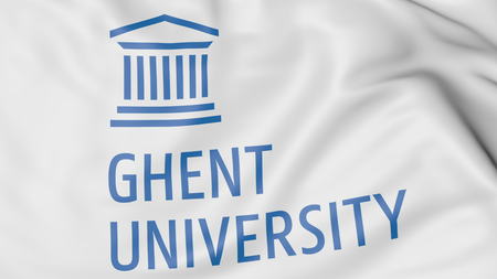 Close-up of waving flag with Ghent University emblem 3D renderingのeditorial素材