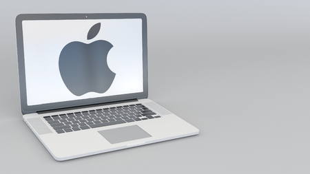 Laptop with Apple Inc. logo. Computer technology conceptual editorial 3D renderingのeditorial素材