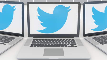 Laptops with Twitter, Inc. logo on the screen. Computer technology conceptual editorial 3D renderingのeditorial素材