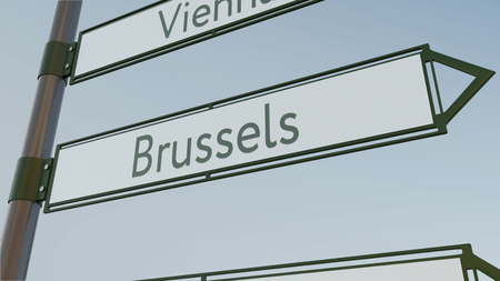 Brussels direction sign on road signpost with European cities captions. Conceptual 3D renderingの写真素材