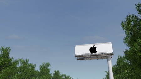 Driving towards advertising billboard with Apple Inc. logo. Editorial 3Dのeditorial素材