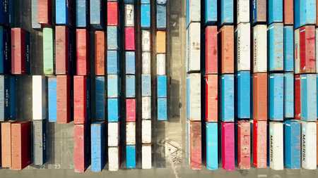 BARCELONA, SPAIN - APRIL, 15, 2017. Aerial shot of big port container yardのeditorial素材