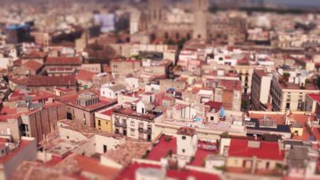 Barcelona dwelling houses rooftops, Spain. Tilt-shift lens miniature effectの写真素材