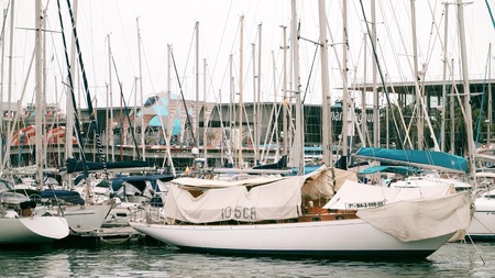 BARCELONA, SPAIN - APRIL, 15, 2017. Moored sailing boats at the marina piersのeditorial素材
