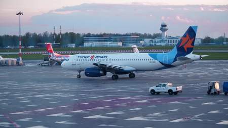 WARSAW, POLAND - APRIL, 14, 2017. Israir Israeli airline Airbus A320 airplane taxiing at the airportのeditorial素材
