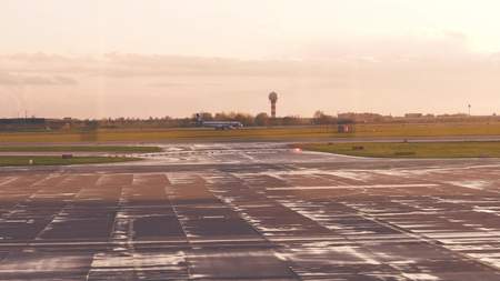 WARSAW, POLAND - APRIL, 14, 2017. LOT Polish Airlines airplane taxiing at the airportのeditorial素材