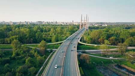 Aerial shot of highway and guyed car bridge in Warsaw, Poland