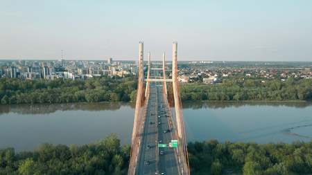 Aerial shot of guyed car bridge in Warsawの写真素材