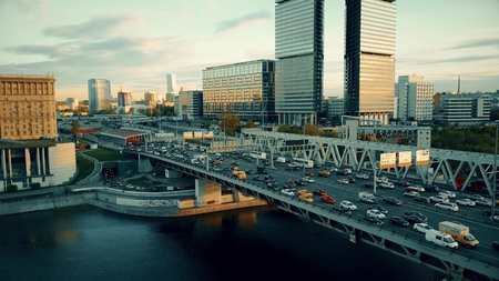 MOSCOW, RUSSIA - MAY, 22, 2017. Aerial shot of city highway traffic jam on a car bridgeのeditorial素材
