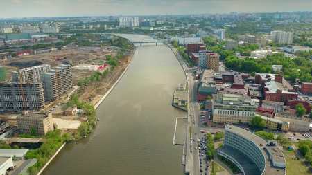 MOSCOW, RUSSIA - MAY, 24, 2017. Aerial shot of modern apartment buildings Zilart construction site and river embankmentsのeditorial素材