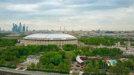 MOSCOW, RUSSIA - MAY, 24, 2017. High altitude aerial shot of renovated for FIFA World Cup 2018 Luzhniki football arenaのeditorial素材