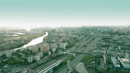 Aerial shot of Moscow residential and industrial areas in the evening, Russiaの写真素材