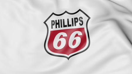 Waving flag with Phillips 66 logo. Editorial 3D rendering
