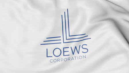 Waving flag with Loews Corporation logo. Editorial 3D rendering