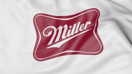 Waving flag with Miller Brewing Company logo. Editorial 3D renderingのeditorial素材