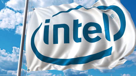Waving flag with Intel logo against sky and clouds. Editorial 3D renderingのeditorial素材