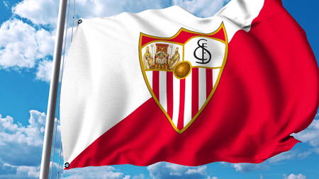 Waving flag with Sevilla football team logo. Editorial 3D rendering