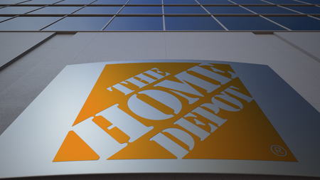 Outdoor signage board with The Home Depot logo. Modern office building. Editorial 3D renderingのeditorial素材