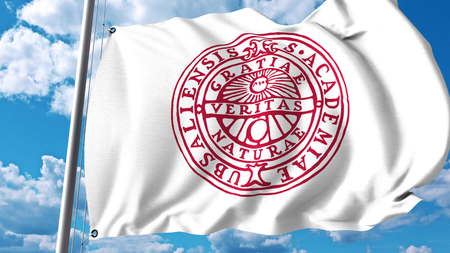 Waving flag with Uppsala University emblem. Editorial 3D rendering