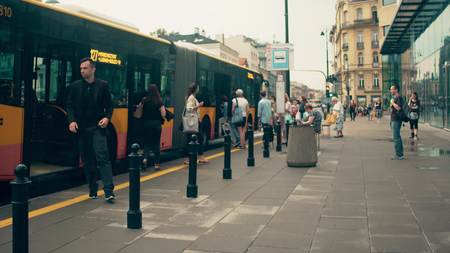 WARSAW, POLAND - JULY 11, 2017. People disembarking at the bus stopのeditorial素材