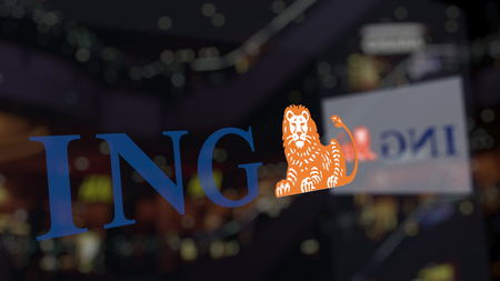 ING Group logo on the glass against blurred business center. Editorial 3D renderingのeditorial素材