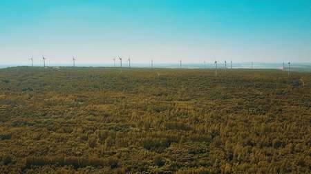 Aerial shot of wind turbines in autumn forest. Ecologic energy production concept