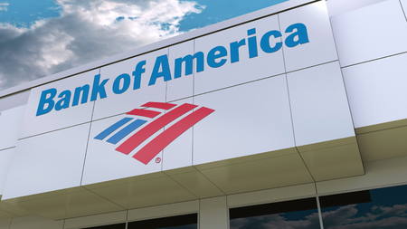 Bank of America logo on the modern building facade. Editorial 3D rendering