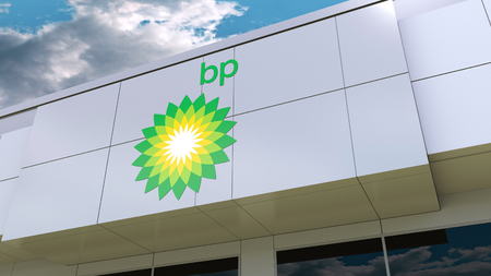 BP logo on the modern building facade. Editorial 3D renderingのeditorial素材