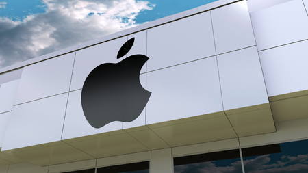 Apple Inc. logo on the modern building facade. Editorial 3D renderingのeditorial素材