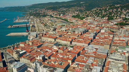 Aerial view of the Porto Vecchio or Port of Trieste city and Centrale railway station, Italyの写真素材
