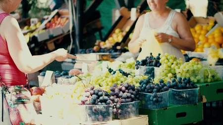 PULA, CROATIA - AUGUST 4, 2017. Woman buying grapes at local marketplaceのeditorial素材