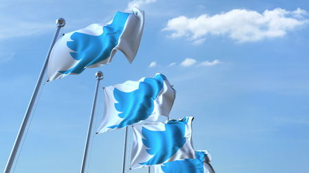 Waving flags with Twitter logo against sky, editorial 3D rendering