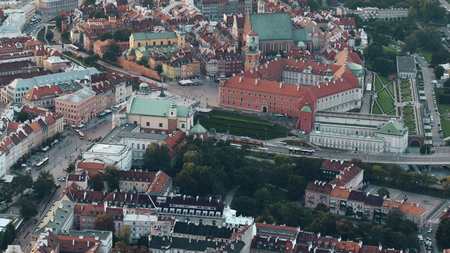 WARSAW, POLAND - AUGUST 26, 2017. Aerial view of Podwale street and the Old town in the eveningのeditorial素材