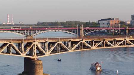 WARSAW, POLAND - AUGUST 30, 2017. Aerial shot of an old metal railroad bridge over the Vistula riverのeditorial素材