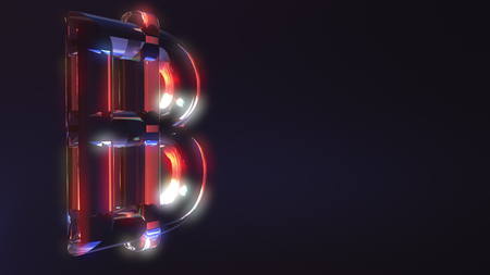 Blass bitcoin sign against dark background. 3D renderingの写真素材
