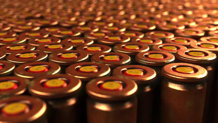 Many cartridge primers, 3D rendering. War, ammunition, aggression conceptsの写真素材
