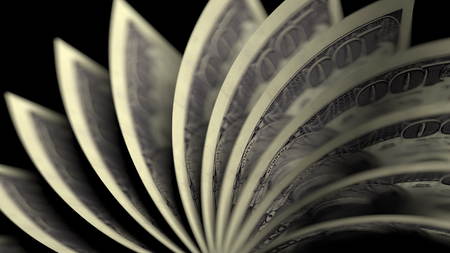 Flipping American one hundred dollar bills, close-up. 3D rendering