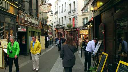 PARIS, FRANCE - OCTOBER 7, 2017. Walk along the Parisian restaurants in the tourist place. Rue Saint-Severin is one of citys oldest streetsのeditorial素材