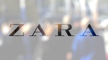 Zara logo on a glass against blurred crowd on the steet. Editorial 3D renderingのeditorial素材