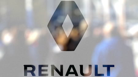 Groupe Renault logo on a glass against blurred crowd on the steet. Editorial 3D renderingのeditorial素材