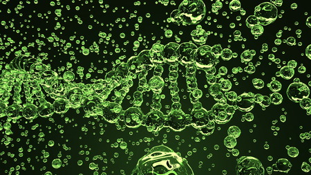 Destruction of green transparent DNA molecule model, 3D renderingの写真素材