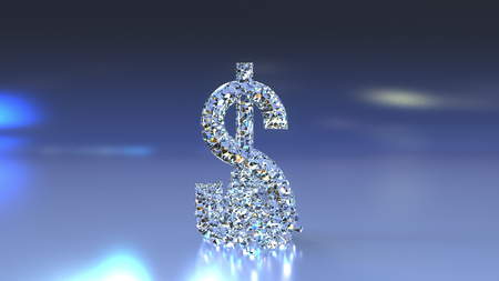 American dollar USD symbol made of glass falling and shattering. Crisis, forex downtrend or financial problem concepts. 3D renderingの写真素材