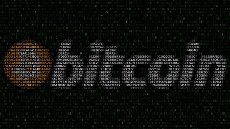 Bitcoin logo made of flashing hexadecimal symbols on computer screen. Cryptocurrency related 3D renderingの写真素材